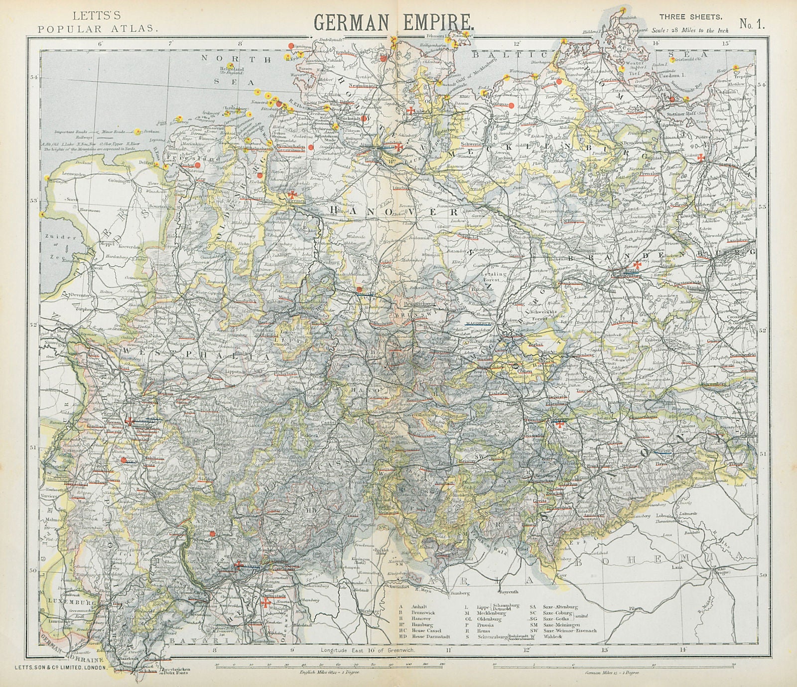 GERMAN EMPIRE. Prussian Provinces. Lighthouses. British consuls. LETTS 1883 map